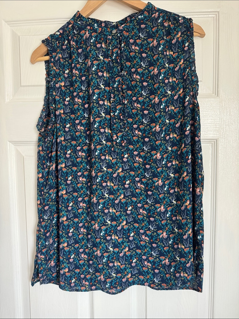 LOFT Navy Floral Sleeveless Shell with Pink and Teal Accents